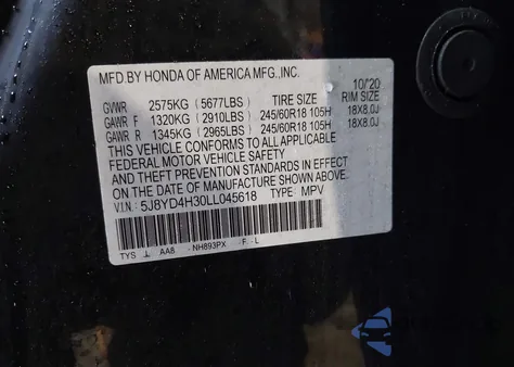 2020 Acura Mdx Standard z USA, uszkodzony, nr VIN 5J8YD4H30LL045618